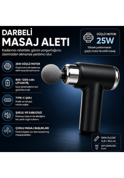 Şarjlı Masaj Tabancası 25w Motor Type-c Şarjlı 9 Farklı Başlıklı Tüm Vücut Masaj Aleti Siyah