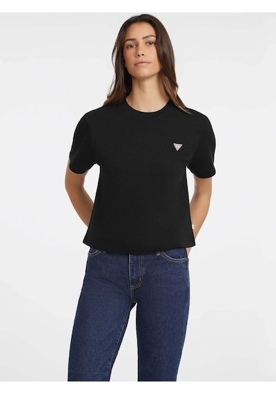 Guess Kadın Boxy Mini Üçgen Logolu T-shirt Siyah