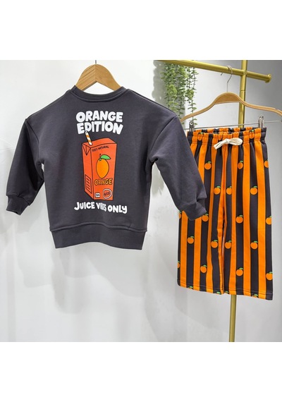 Juice Vibes Only Baskılı Sweatshirt Portakal Desenli Çizgili Alt Üst Takım 3iplik Siyah