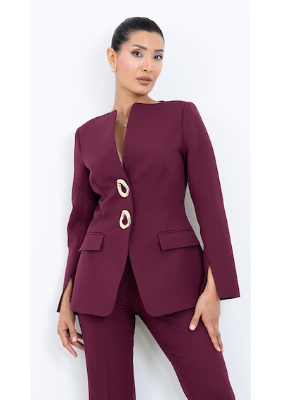 Dorne Moda Kadın Gold Halka Düğme Detaylı Ceket Pantolon Takım bordo