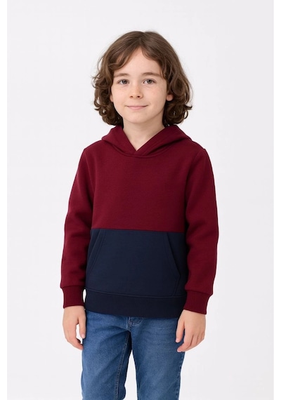 Erkek Çocuk Kapüşonlu Kanguru Cepli Parçalı Sweatshirt - Renkli Çok Renkli