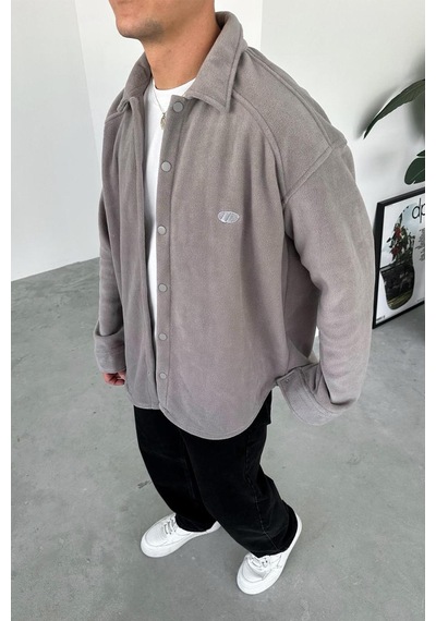 Gri G Nakışlı Oversize Polar Gömlek Gri