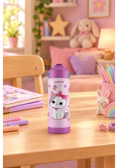 Puccon 540 Ml Sevimli Kedi Baskılı Mor - Beyaz Kız Çocuk Pipetli Çelik Termos Matara/suluk - 60044