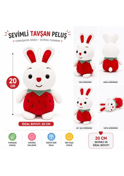 Sevimli Çilek Tavşan Peluş Oyuncak 20 Cm Yumuşak Peluş Bunny Kırmızı