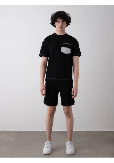 Erkek Teenage Fermuarlı Oversize Şortlu Takım-15543 Siyah Erkek Teenage Fermuarlı Oversize Şortlu Takım-15543 Siyah