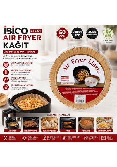 50pcs Yuvarlak Taban: 20cm - Kenar: 4.5cm Air Fryer Pişirme Kalıp Kağıt 5492 Çr