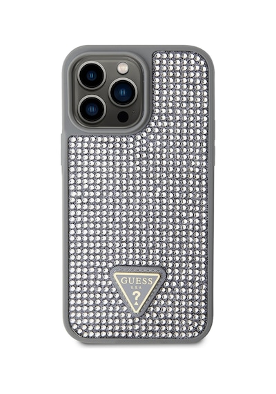 Apple Uyumlu iPhone 14 Pro Max Kılıf Guess Lisanslı Taşlı Arka Yüzey Üçgen Logolu Kapak Gümüş
