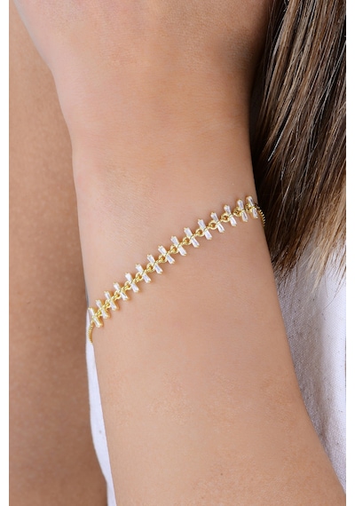 Gümüş Altın Yaldızlı Baget Kesim Zirkon Taşlı Hareketli Kırkayak Model Bileklik Barcode Altın