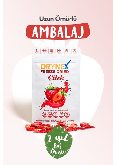 Drynex Freeze Dried Çilek Dondurularak Kurutulmuş Çıtır Atıştırmalık Meyve Cipsi Şekersiz Katkısız Vegan 20 G
