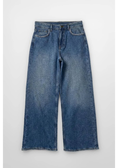 Kadın Yüksek Bel Geniş Paça Likralı Jean Pantolon Mavi