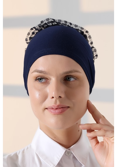 Kadın Fırfırlı Güpürlü Tesettür Topuz Bone - Lacivert Lacivert