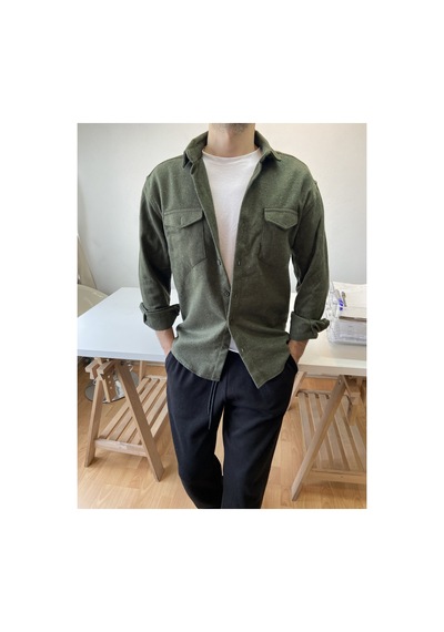 Cool Tarz Haki Erkek Slim Fit Çift Cep Kapaklı Oduncu Gömlek Haki Haki