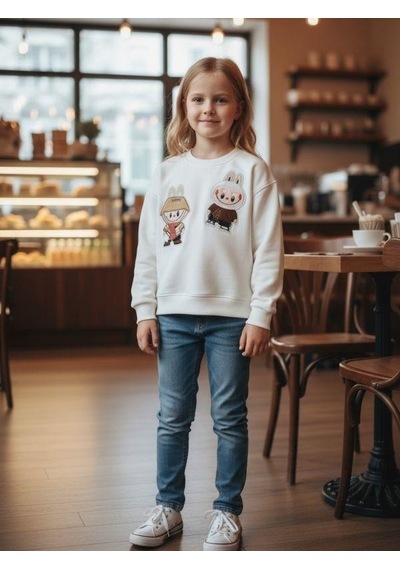 Kız Çocuk Pamuklu Karakter İşlemeli Sweatshirt-16392 Ekru Kız Çocuk Pamuklu Karakter İşlemeli Sweatshirt-16392 Ekru