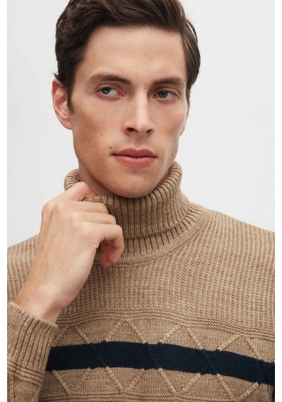 D's Damat Regular Fit Camel Çizgili Tüylenme Yapmayan Tam Balıkçı Yaka Erkek Triko Kazak 3HC0618ORTCKZK - Camel