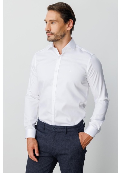 Igs Beyaz Slim Fit Dar Kalıp Klasik Yaka Düz Uzun Kollu Cepsiz %100 Pamuk Gömlek-20000 Beyaz
