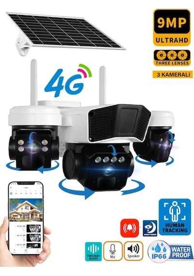 Ultimate Okam 3936 9mp 3+3+3 Üç Kameralı Ultra Hd 4g Solar Akıllı Güvenlik Kamerası