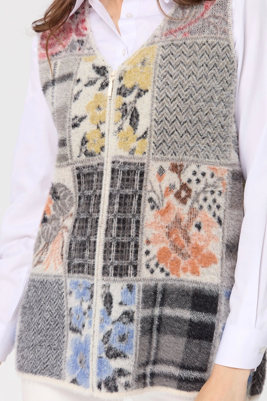 Desen Triko Kadın V Yaka Patchwork Yelek Kemik Kemik