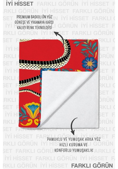 Yılan Figürlü Çiçekli Bohem Plaj Havlusu - Kırmızı Etnik Modern Hızlı Kuruyan Mikrofiber Havlu Örtü Uçuk Zeytin