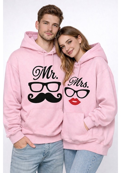 Nevermind Mr Mrs Baskılı Sevgili Kombini Oversize Hoodie Seti Unisex Sevgil Pembe