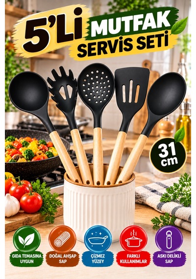 5'li Mutfak Servis Seti Ahşap Saplı 31 Cm Kepçe Kevgir Spatula Makarna Ve Servis Kaşığı Mutfak Seti