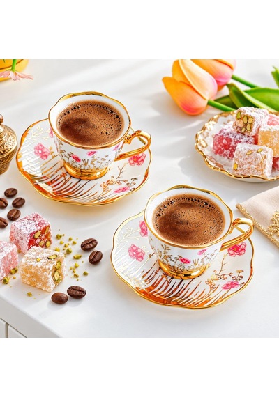 Valkyrie 6 Kişilik 13 Parça Standlı Kahve Fincanı Seti 90 Ml Çiçek Desenli Altın Detaylı K655 Pembe