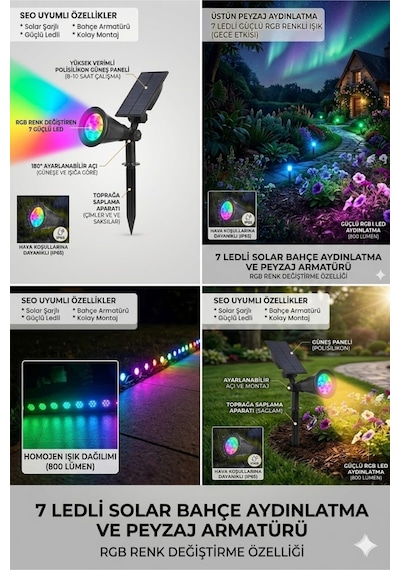 Solar Gunes Enerjili Rgb Renk Degistiren Bahce Armaturu 7 Ledli Renkli Dis Mekan Peyzaj Cim Kazikli