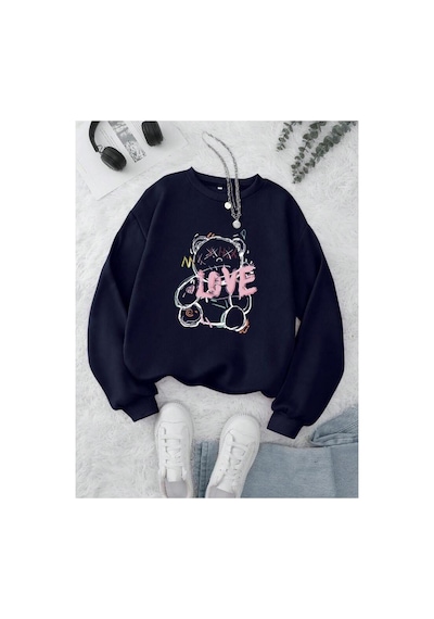 Herkesemoda Love Ayı Baskılı 2 İplik Şardonlu Bisiklet Yaka Sweatshirt Lacivert