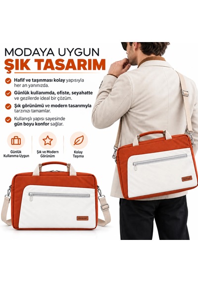 Microcase Macbook Air 15 İnch M4 2025 İle Uyumlu Macbook Taşıma Çantası Darbe Korumalı Omuz Askılı Çok Bölmeli Krem Pembe Al5694 Kiremit