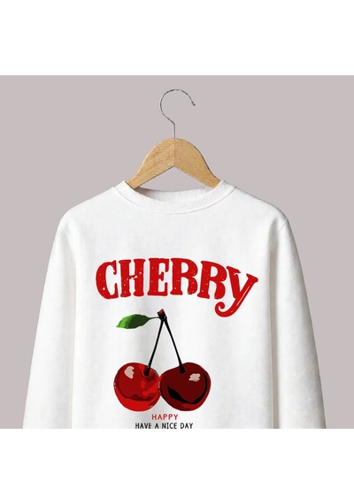 Uyguntarz Unisex Happycherry Tasarım Basklı Sweatshirt beyaz