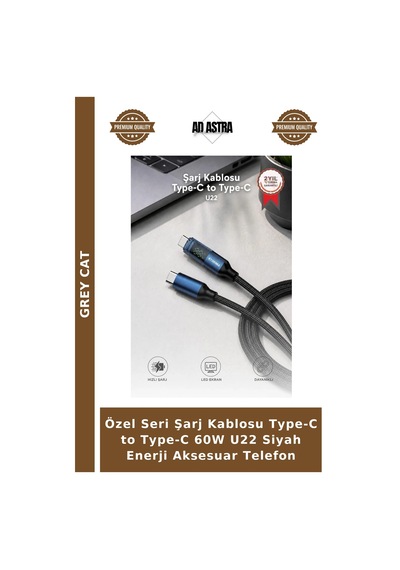 Özel Seri Şarj Kablosu Type-c To Type-c 60w U22 Siyah Enerji Aksesuar Telefon
