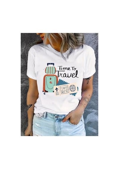 Kadın Time To Travel Baskılı %100 Pamuklu T-shirt Beyaz
