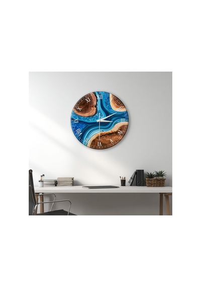 Epoxy Görünümlü Dekoratif Duvar Saati 33 Cm Uv Baskılı Mdf Duvar Saati Mavi