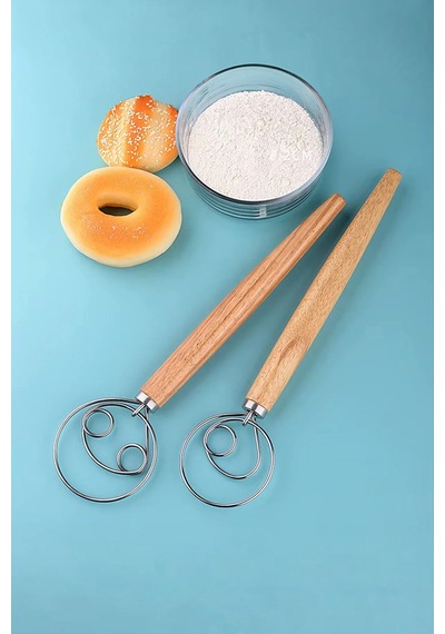3 Lü Set Danimarka Tipi Hamur Çırpıcı - Ahşap Saplı Paslanmaz Çelik Un Mikseri & Ekşi Maya Karıştırma Teli