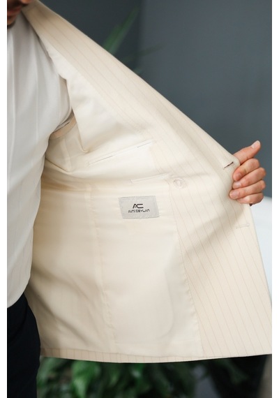 Avni Ceylan Gofre Kumaş İtalyan Stil Slim Fit Kruvaze Erkek Ceket Special Edition Krem