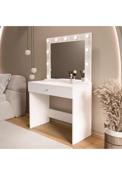 Robin Home Hollywood Makyaj Masası Çekmeceli Hollywood Led Işıklı Raflı Beyaz