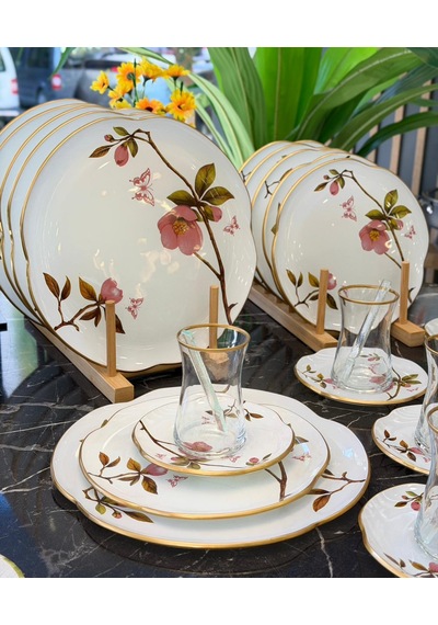 30 Parça Sakura Servis Pasta Çay Takımı Gold-5268 Beyaz