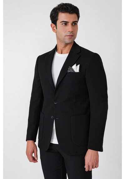 Slim Fit Torba Cepli Esnek Yünlü Siyah Ceket C 745