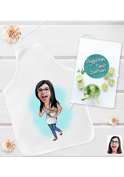 Bk Gift Kişiye Özel Karikatürlü Aşçı Anne Tasarımlı Mutfak Önlüğü Ve Yemek Tarif Defteri Hediye Seti-1, Anneye Hediye, Anneler Günü Hediyeleri