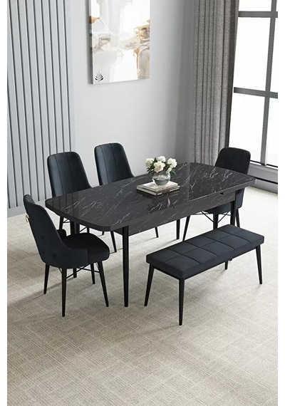 Loft Siyah Mermer 80x132 Açılabilir Mdf Masa Yemek Odası Takımı, Mutfak Takımı 4 Sandalye, 1 Bench Antrasit Loft Siyah Mermer 80x132 Açılabilir Mdf Masa Yemek Odası Takımı, Mutfak Takımı 4 Sandalye, 1 Bench Antrasit