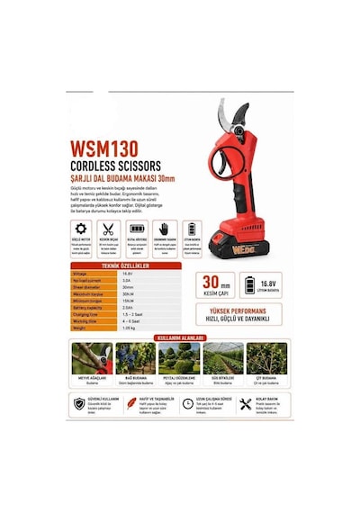 Algaride Wedo Wsm130 16.8v Şarjlı Akülü Dal Budama Makası 30mm Kesim Kapasiteli 2.0ah Lityum Bataryalı Güçlü Ve Ergonomik Budama Makinesi