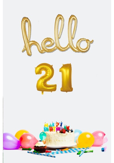 21 Yaş Doğum Günü Balonları - Hello 21 El Yazısı Gold Renk Folyo Balon Gold