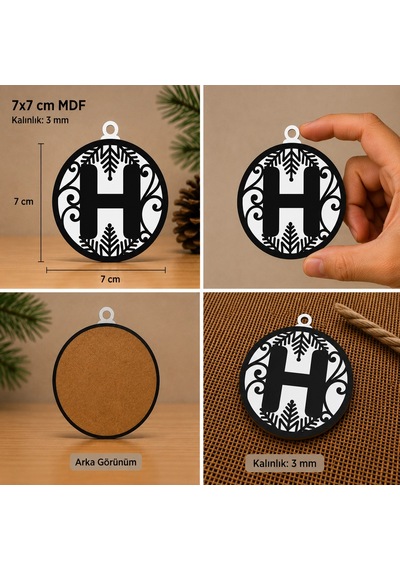 H Harf Yılbaşı Süsü Mdf Çam Ağacı Desenli Asılabilir Dekor 7x7 Cm