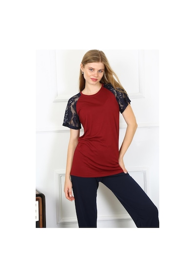 Akbeniz Kadın Kolu Dantelli Penye Pijama Takım 4149 - L Bordo