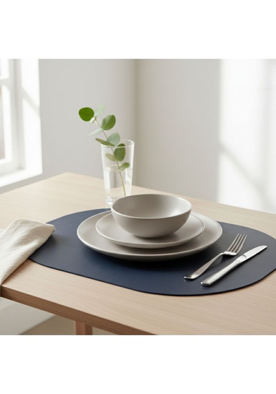 6 Kişilik 12 Parça Lacivert Tam Oval Deri Amerikan Servis Supla 33x44 Cm-kolay Silinir Supla