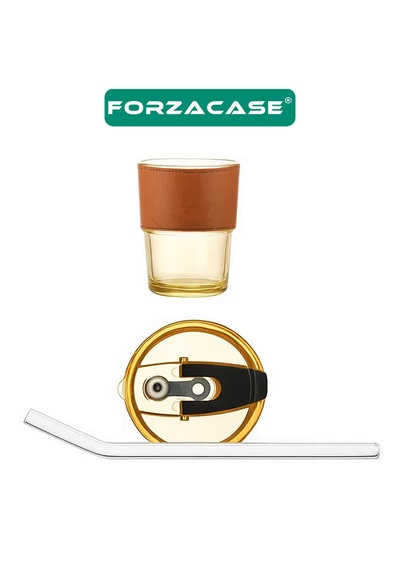 Forzacase 350ml Isıya Dayanıklı Deri Şeritli Pipetli Borosilikat Cam Bardak Çay Kahve - Fc1141 Amber