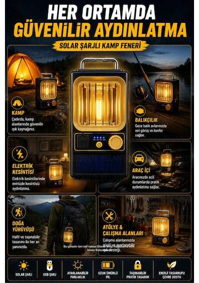 Solar Şarjlı Kamp Feneri Usb Şarjlı Dimmerli Filament Led Taşınabilir Kamp Lambası Acil Durum Aydınl Çok Renkli