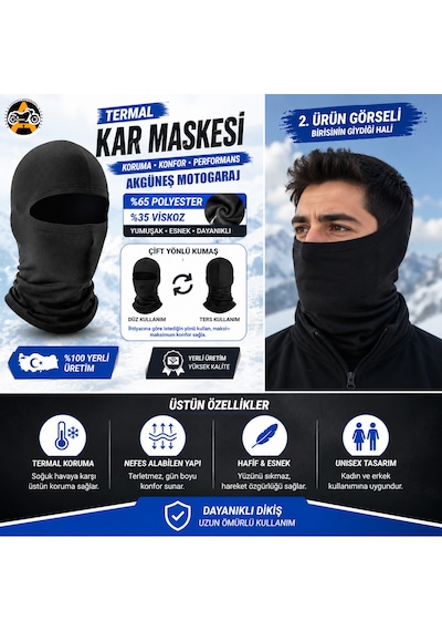 Akgüneş Motogaraj Termal Kar Maskesi Balaklava 2'li Set Motosiklet Kışlık Soğuk Hava Koruyucu 2 Adet Siyah