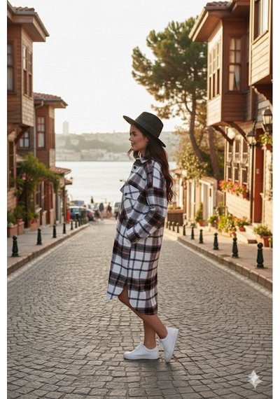 Polologin Butik Kadın Siyah-beyaz-kırmızı Kareli Uzun Oduncu Gömlek Elbise Siyah