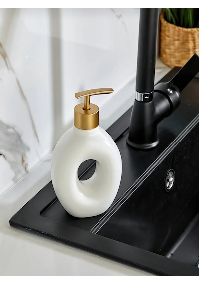 Gold Tasarımlı Lüx Porselen Banyo Ve Mutfak Sıvı Sabunluk Beyaz