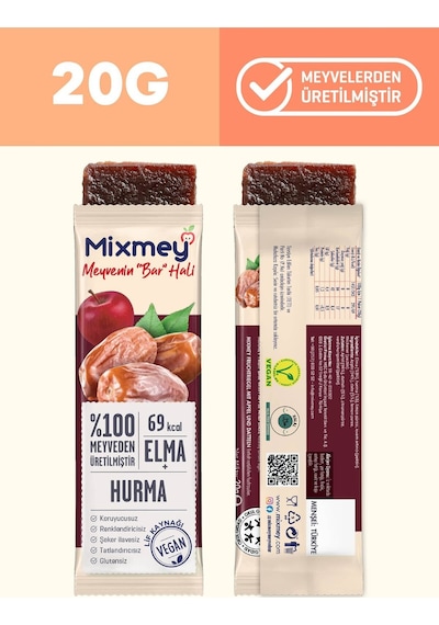 Mixmey Hurma Meyve Barı 12 Adet | Atıştırmalıklar – Vegan, Glutensiz, Koruyucusuz (20GR X 12 ADET)